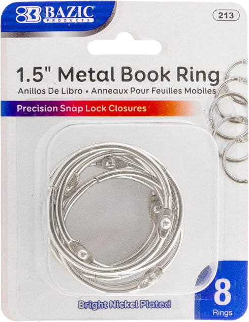 BAZIC Loose Leaf Binder Ring 1.5", Nickel Plated Steel Metal Ring for Flash Cards, 8/Pack