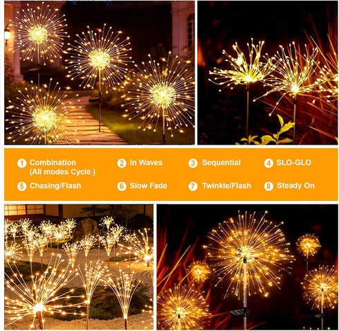 Galavasen 150LED 8 2Pack Solar Fireworks Lights for Outside, Modes Fireworks Solar Lights Outdoor, Fairy Garden Flowers