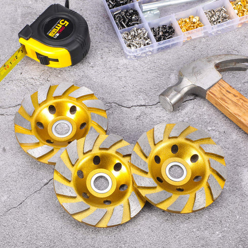 3 Pieces Turbo Row Diamond Grinding Cup Wheel for Concrete, Floors, Walls, Granite, Marble, Yellow
