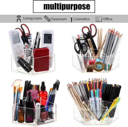 Zonon Clear Acrylic Pen Holder, 360 Degree Rotating Art Pencil Organizer with 7 Compartments for Home Office