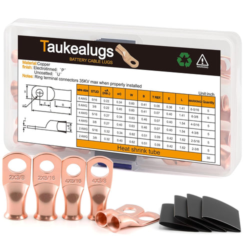 Battery Terminal Copper Connectors, Cable Ring Lugs AWG6 4 2 Gauge with Heat Shrink Tube, Total 60pcs Assortment Kit
