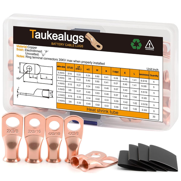 Battery Terminal Copper Connectors, Cable Ring Lugs AWG6 4 2 Gauge with Heat Shrink Tube, Total 60pcs Assortment Kit