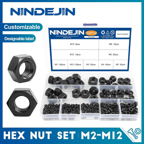 NINDEJIN 326 M2 M2.5 M3 M4 M5 M6 M8 M10 M12 Set 9 pcs Metric Black Hex Nuts Assortment Kit Assorted Metric Hardware