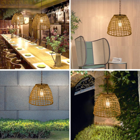 Bulb Outdoor Solar Hanging Lantern, Natural Seaweed Rattan Bamboo Hand-Woven Pendent Chandelier Light Edison Design
