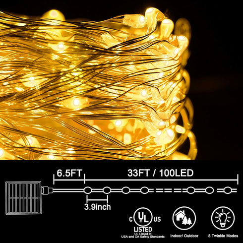 kemooie 2 Packs Solar String Lights, 200 LED 66FT Warm White Fairy Lights with 8 Twinkle Modes, Waterproof for Outdoor,