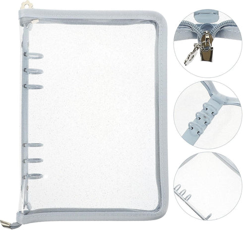 STOBOK A6 Binder Cover, 6-Ring Clear Transparent PVC Notebook Folder with Zipper Closure, Loose Leaf Protector