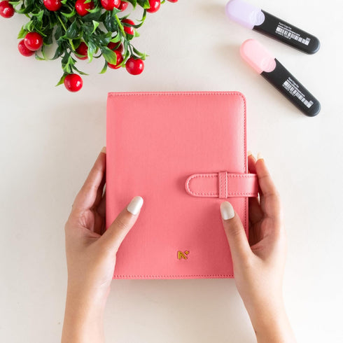 NEORAH B6 Notebook Sleeve with Loop + Dotgrid Journal, Faux Leather Sleeve with Penloop, 6 Card Slots, PINK