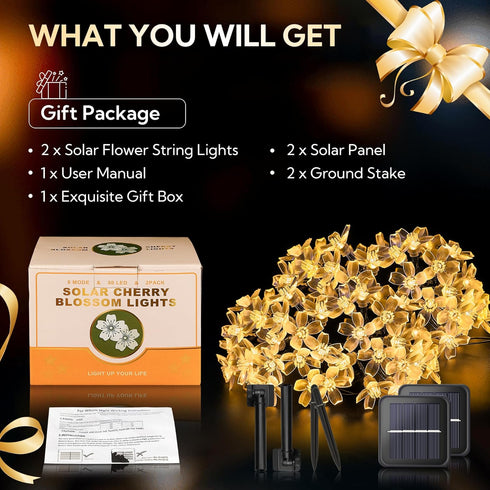 Solar Flower String Lights, 2 Pack 50 LED Waterproof Fairy Lights for Fence, Patio, Yard, Christmas Tree, Garden (Warm
