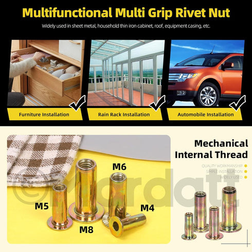 26Pcs M8 Zinc-Plated Multi-Grip Rivet Nut Flat Head Shank Insert Nut Gold Finish for Industrial Fasteners
