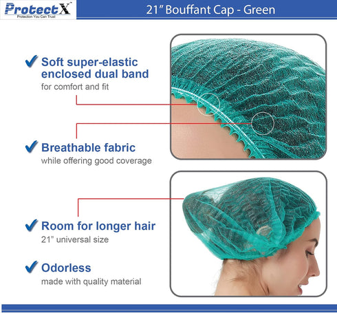 ProtectX 100-Pack Green Disposable Hair Nets, Elastic Head Cover for Food Service, Spa Men & Women