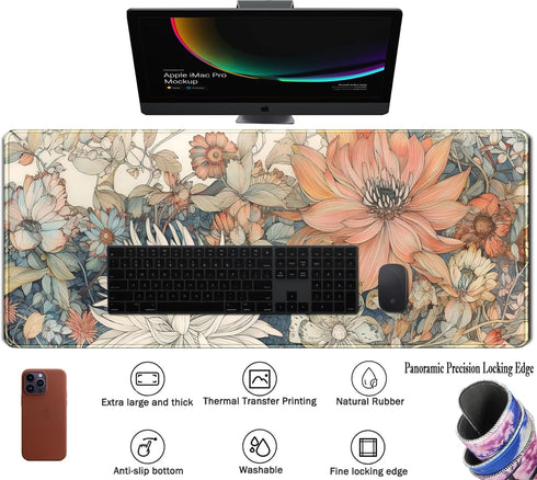 Japanese Minimalist Floral Desk Mat, Aesthetic Flowers XL Large Extended Gaming Mouse Pad for Office Decor (31.5x11.8