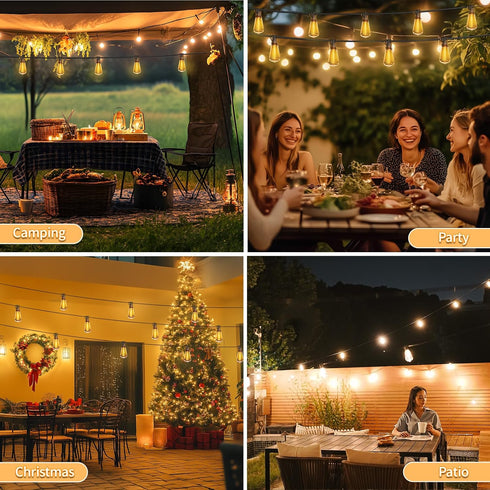 50ft 25 Bulbs Voltage(24V) Dimmable IP65 ST38 SANBEN Outdoor String Lights with Remote, Low Patio Lights, & Timer