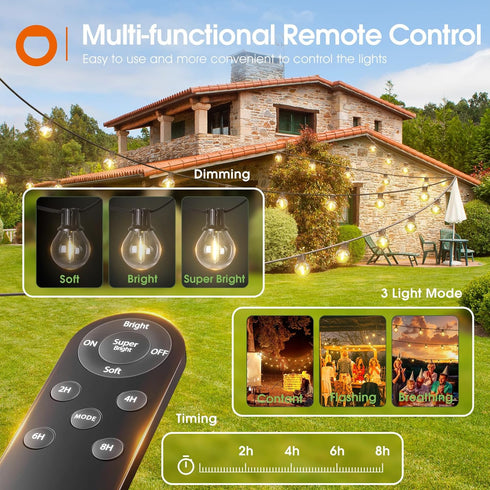 56FT(50+6) 27 G40 Bulbs, Dimmable addlon Solar String Lights Outdoor with Remote, Shatterproof Solar Powered & USB