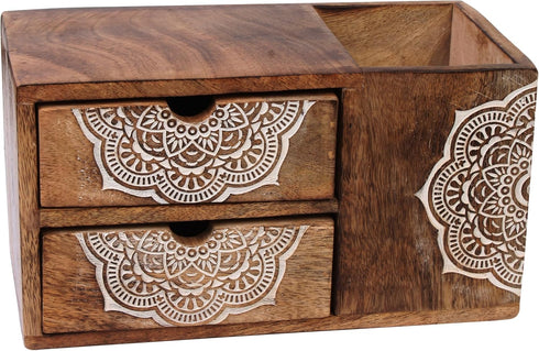 Wooden Hand Carved Desk Organizer, Pencil Pen Stationery Holder with 2 Drawers for Home Office