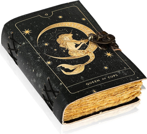 TUZECH Book of Spells Leather Bound Journal, Antique Vintage Grimoire Diary for Witchcraft (Queen of Cups)