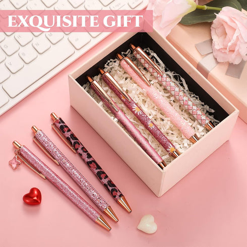 Sherr 7 Pcs Fancy Pens for Women, Cute Sparkly Glitter Pens with 10 Pcs Black Ink Refills, Pretty Gifts for Girls