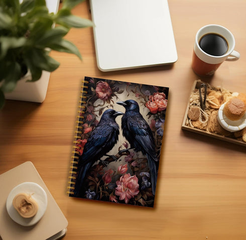Dark Academia Floral Raven Notebook, Gothic Journal for Women, Witchy Spiral Notebook, Halloween Office Supplies
