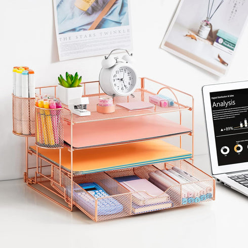 Paper Letter Tray Organizer with 4-Tier Desk Accessories, Workspace Organizers with Drawer & 2 Pen Holders