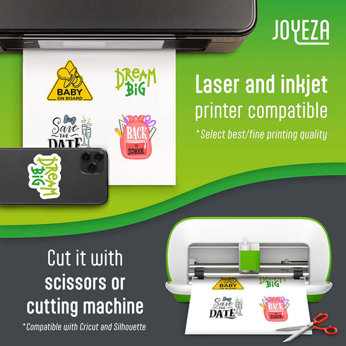 JOYEZA Premium Printable Vinyl Sticker Paper, 25 Sheets Matte White, Waterproof, Inkjet & Laser Printer