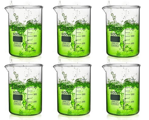 EISCO 6PK Beakers - 600mL Low Form with Spout, White Graduations, Borosilicate 3.3 Glass