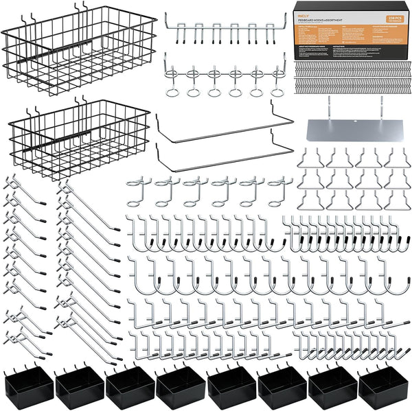 INCLY 238PCS Pegboard Accessories Organizer Kit, Hooks Assortment with Bins and Paper Towel Holder for Garage