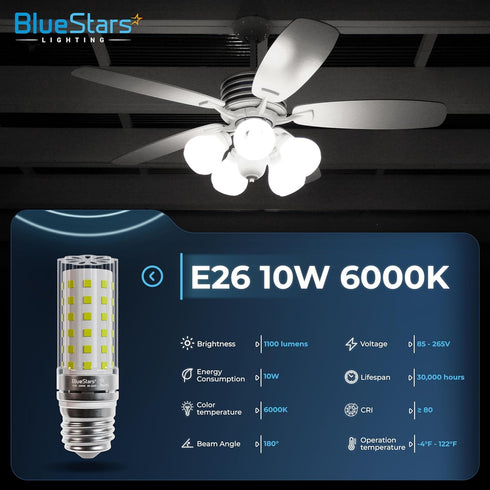 BlueStars 4-Pack 10W (100 Watt Equivalent) 1100 Lumens, 6000K Cool White, E26/E27 Medium Base, Non-Dimmable Tubular LED Corn Light Bulbs by BlueStars