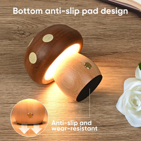 LONRISWAY 2Pack Dimming Wood Small Mushroom Table Lamp, LED Rechargeable Cordless Touch Bedside Lamps, Wireless