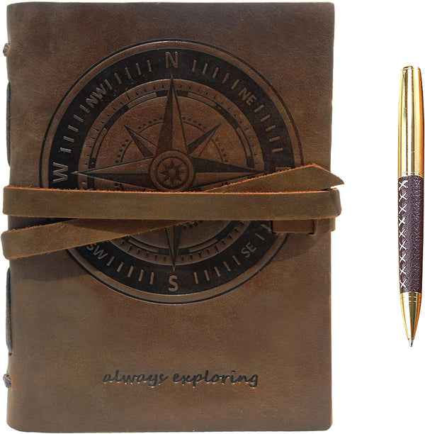Leather Bound Journal for Men and Women, Handmade Gift Set with Nautical Compass Embossed Journal and Stylish Pen