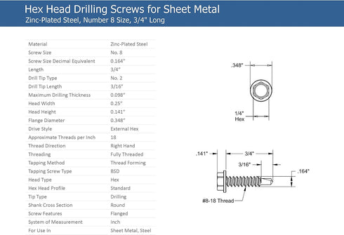 #8 x 3/4" Zinc Plated Steel Hex Washer Head Self-Drilling Tek Screw, Box of 100 for Sheet Metal