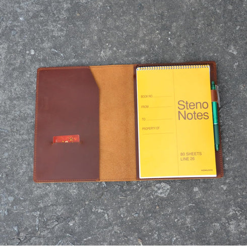 Leather Cover Compatible with 6" x 9" Spiral Steno Pads, Distressed Genuine A5 Leather Cover with Pen Loop