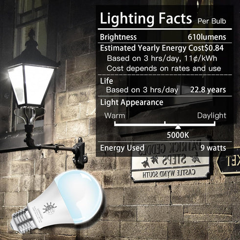 2 Pack Dusk to Dawn Light Bulbs, 5000K Daylight, 720LM, 9W (60W Equivalent) A19 E26, Automatic On/Off