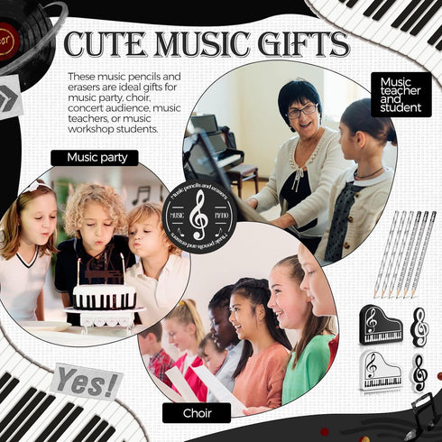 Music Pencils with Music Note Pencil and Themed Erasers, Bulk Keyboard Fun Pencils, 48 Pcs for Classroom