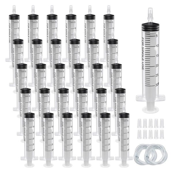 30Pack 30ml Plastic Syringe, Sterile Individual Wrap with Tip Cap for Science Labs, Liquid Measuring Tools