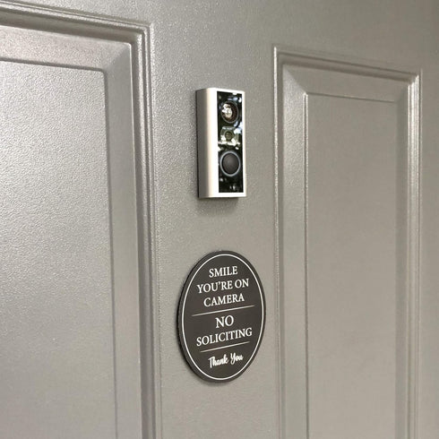 4" x 5" Smile You're on Camera & No Soliciting Sign, 3M Self-Adhesive for Door, Window, Wall, Durable Aluminum