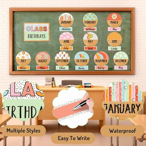 Back to School Birthday Bulletin Board Set, Groovy Class Stickers for School Classroom Calendar Decor, 53Pcs