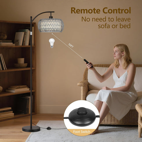9W Bulb, Rattan Floor Lamps for Living Room, Boho Standing Lamps with Grey Rattan& Linen Double Shades, Arc Lamps Floor