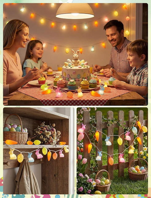 12FT 20 Multicolored Rabbit Cracked Egg and Carrot String Lights, LED Easter Fairy Light with LED Rabbit Cracked Egg
