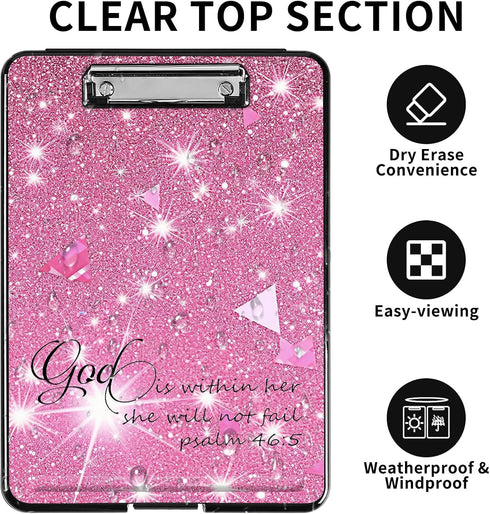 Clipboard with Storage, Heavy Duty Plastic Clipboard Case Box with Pen Holder, School Office Supplies, Pink Glitter