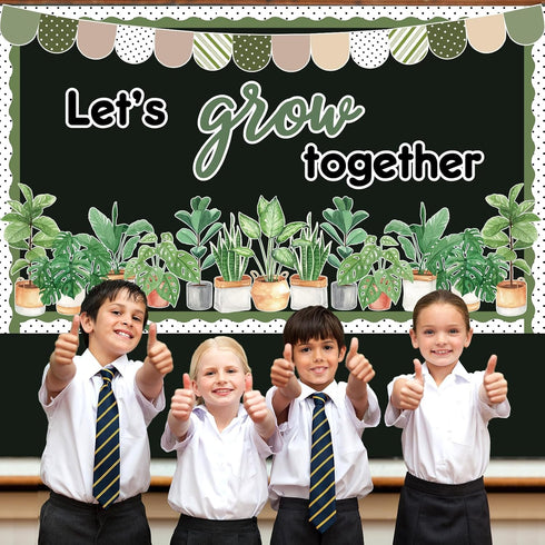 Greenery Classroom Bulletin Board Decorations - Potted Plant Set, Motivational Let’s Grow Green Leaves Cutouts for Wall