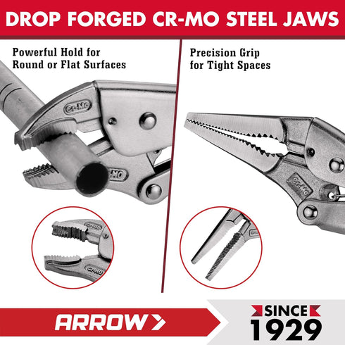 3-Piece Set 6.5" 7" 10" Arrow Locking Pliers - Long Nose and & Curved Jaw Locking Pliers, CR-MO Steel Construction