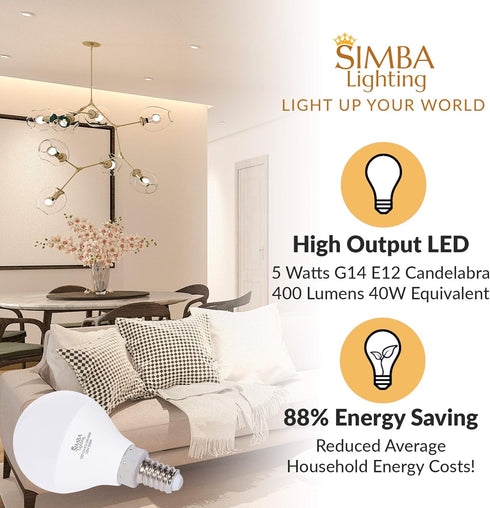 E12 G14 5 40W Bulb (6 Pack) A15 Non-Dimmable, 5000K Simba Lighting LED Candelabra Base Small Globe Watt Replacement