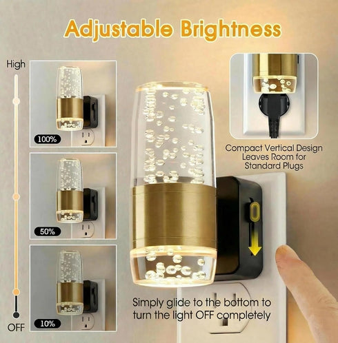 UnbamGlow (2-Pack), Dimmable 3000K 3-Prong Manual Off Slider Night Lights Luxury Gold Aluminum Bubble Acrylic, Warm