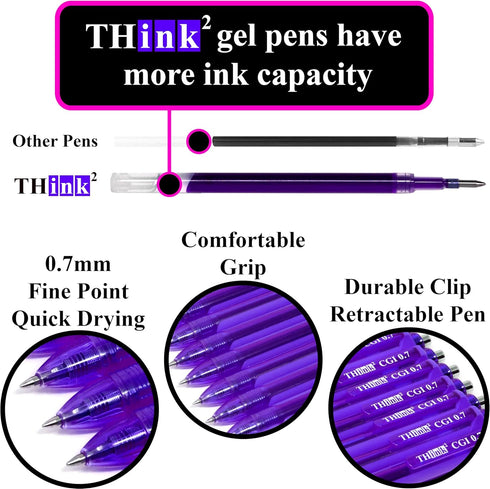THINK2MASTER 24 Pens - Purple Ink, 0.7mm CGI Retractable Gel Pens, Medium Point Rollerball with Quick Drying Ink