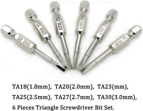 NGe Triangle Screwdriver Bit Set, 6 Pieces, 2 Inch Length, 1/4 Hex Shank, TA18, TA20, TA23, TA25, TA27, TA30