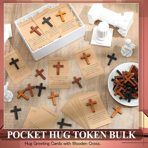 Colingmill 240 Sets 3 Pocket Hug Token Bulk | Pocket Crosses in Bulk Mini Wooden Cross Gifts with Hug Greeting Cards |
