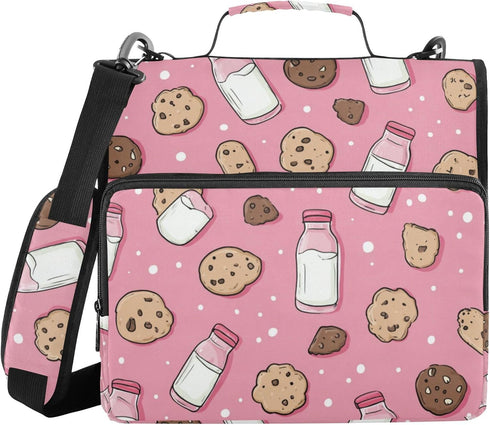 Fisyme Cookies Cute Milk Bottles Zipper Binder 3 Ring with Zipper and Shoulder