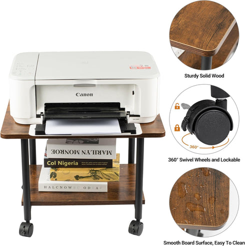 Under Desk Printer Stand, 2-Tier Mobile Printer Table with Storage Shelf, Heavy Duty Wood Rolling Cart for Home, Office