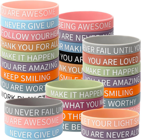JUNEBRUSHS 64pcs Motivational Quote Silicone Bracelets, Bulk Colored Inspirational Rubber Wristbands, Unisex