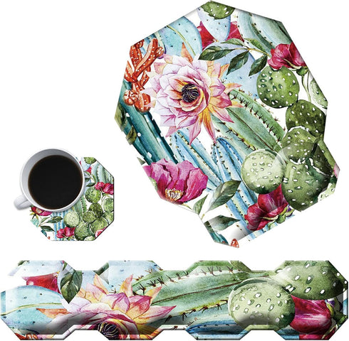 Cactus Succulent Keyboard Wrist Support Pad, Mouse Pad with Matching Coasters, Ergonomic Gel Memory Foam Cushion