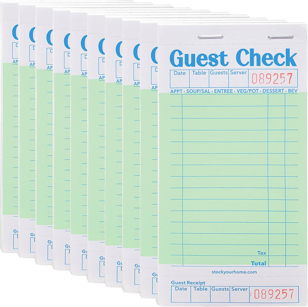 Stock Your Home Green Guest Check Books for Servers (10 Pack) Server